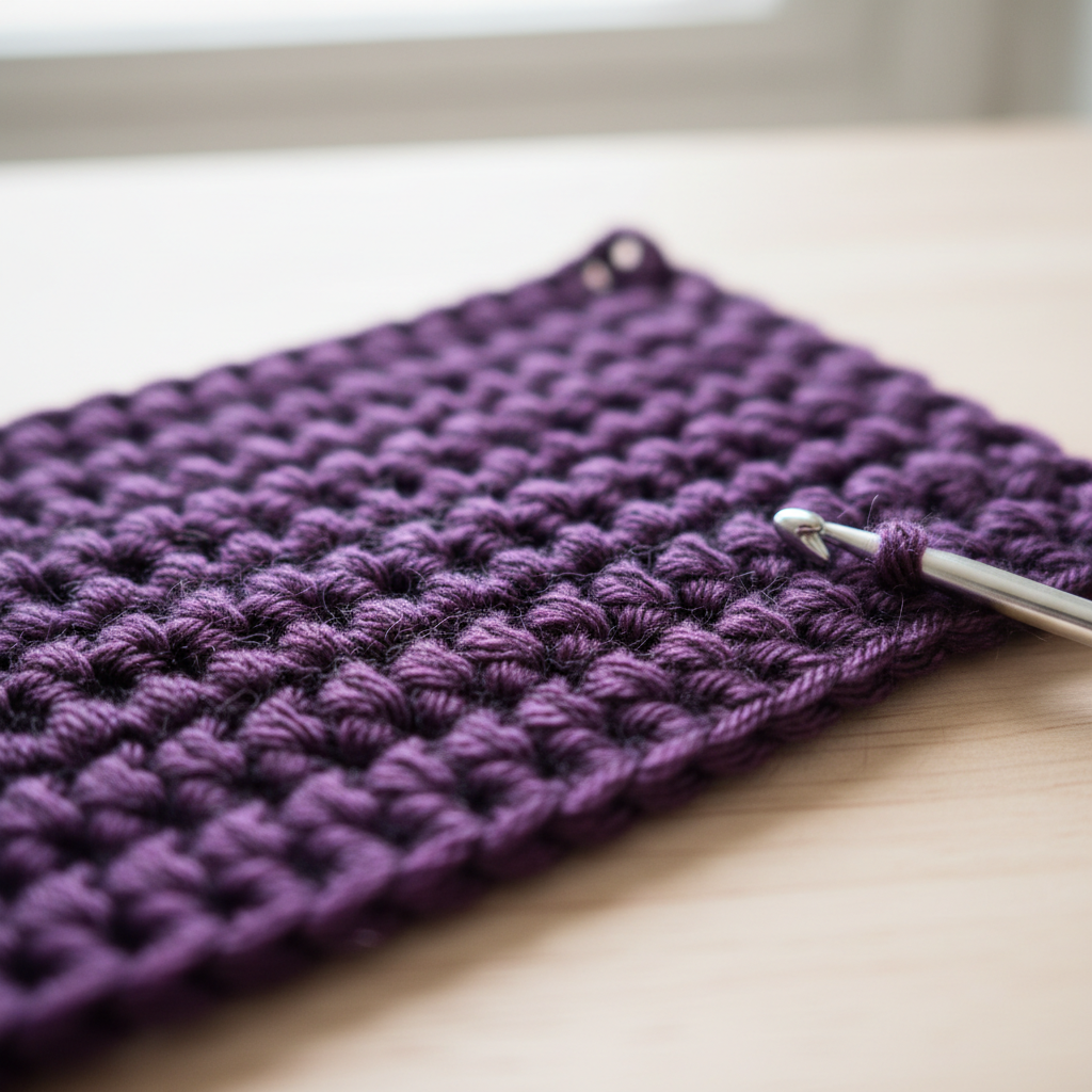 An ultra-detailed macro photograph of a crochet swatch in rich purple yarn, showing individual stitches—single, half double, and double crochet—lined up with crisp definition. The fabric rests on a smooth, pale wooden surface, with a metal crochet hook partially tucked through one loop at the edge. Soft, diffused overcast light from above removes harsh shadows, emphasizing the texture of the fibers and the rhythm of the stitch pattern. The background fades into creamy bokeh, creating a focused, almost meditative atmosphere. The composition is centered but slightly angled, highlighting the structure of the stitches for an educational, yet still playful, visual reference.