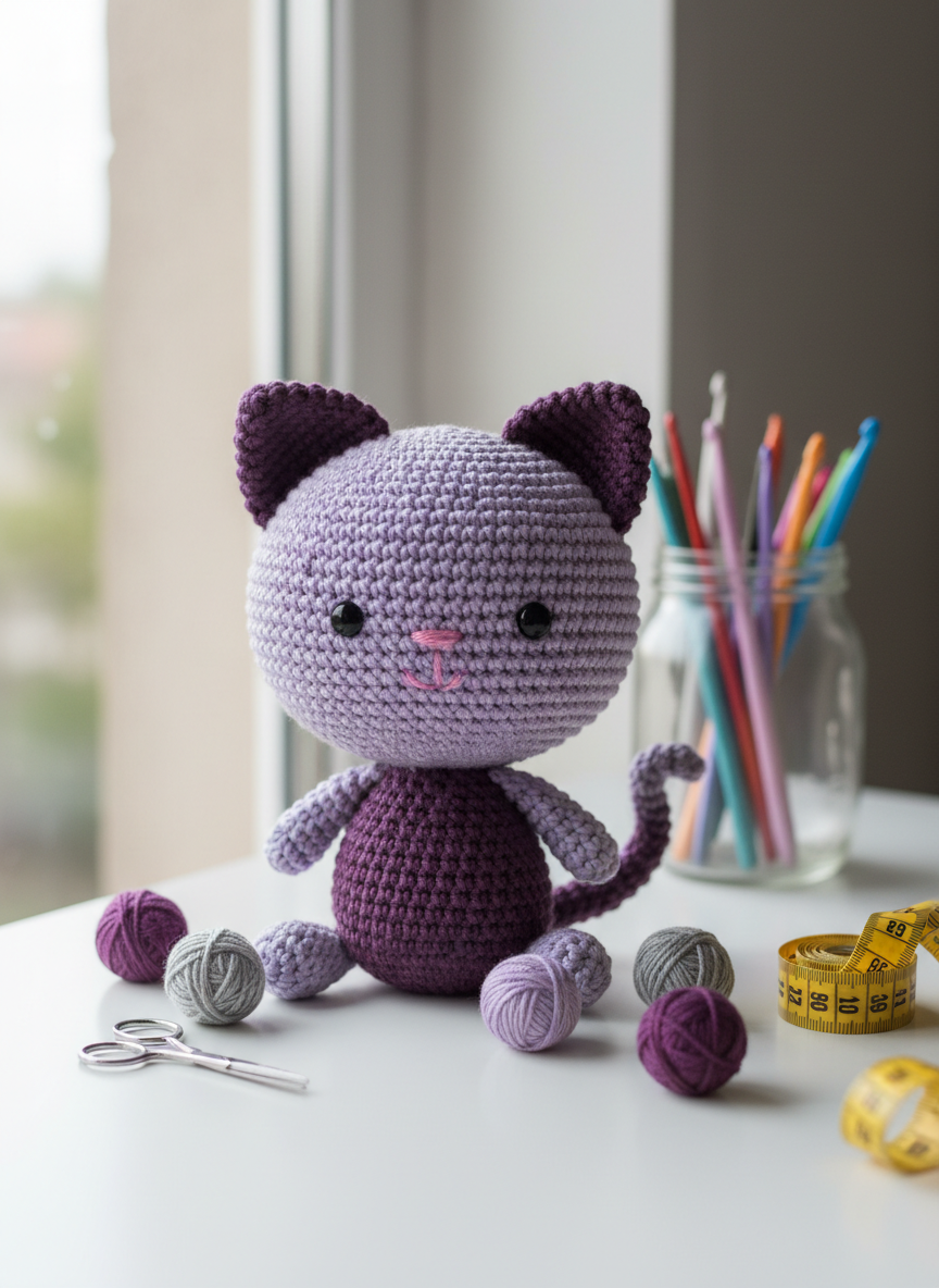 A finished amigurumi-style crochet cat in shades of purple and soft gray sits on a clean white desk, its stitches tight and even, with a slightly oversized head and tiny crocheted tail adding a playful character. Around it are scattered small balls of yarn, a pair of tiny scissors, and a tape measure curled into a loose spiral. Natural daylight from a nearby window illuminates the scene, creating gentle reflections on a glass jar of crochet hooks in the background. Captured at eye level with shallow depth of field in photographic realism, the image feels whimsical and creative, perfect for illustrating fun, story-filled crochet projects.