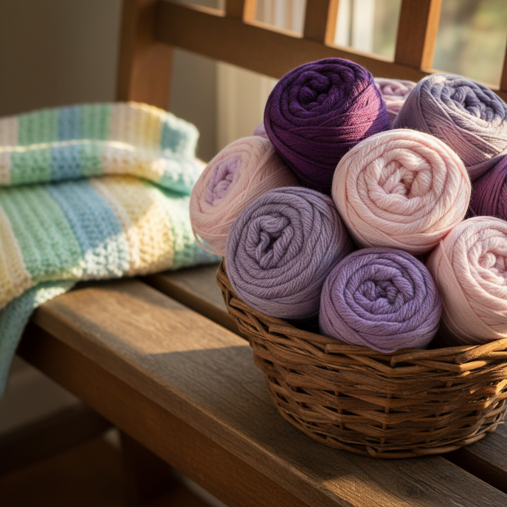A close-up, photographic realistic shot of a vibrant basket overflowing with neatly rolled skeins of purple, lavender, and blush yarn, each strand clearly defined to show its plush, squishy texture. The basket sits on a rustic wooden bench near a window, with a folded crochet blanket in pastel stripes blurred in the background. Golden hour sunlight streams in from the right, creating warm highlights on the yarn fibers and soft shadows along the bench. Framed using the rule of thirds at eye level, the image feels warm, playful, and inspiring, celebrating the joy of choosing yarn before starting a new crochet project.