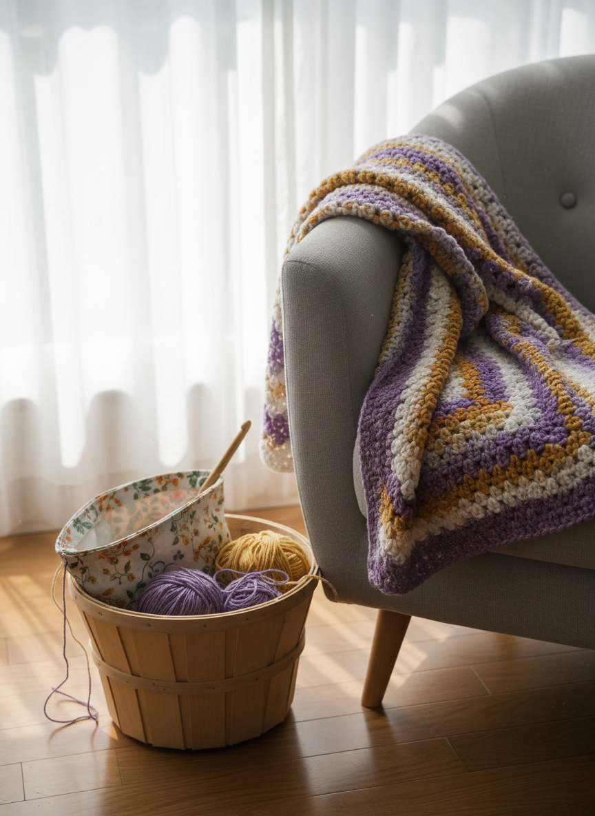 An in-progress crochet project draped over the arm of a light gray fabric armchair: a striped throw in shades of purple, cream, and soft mustard, with visible, well-defined stitches. A wooden basket on the floor holds loosely coiled yarn and an open project bag, a crochet hook peeking out. Diffused afternoon light filters through sheer curtains behind the chair, casting a serene, gentle glow over the scene. Shot from a slightly elevated angle in photographic realism, with moderate depth of field to keep the textures crisp, the composition creates a calm, homely atmosphere that invites viewers to sit down and continue stitching at their own pace.
